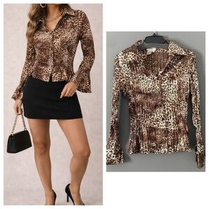 Brown Leopard Print Blouse M Mob Wife 90s Retro